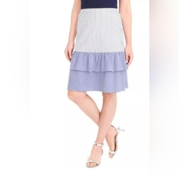 NWT. J Crew Blue & White Stripe Tiered Ruffle Skirt - Size 10. - Picture 2 of 8